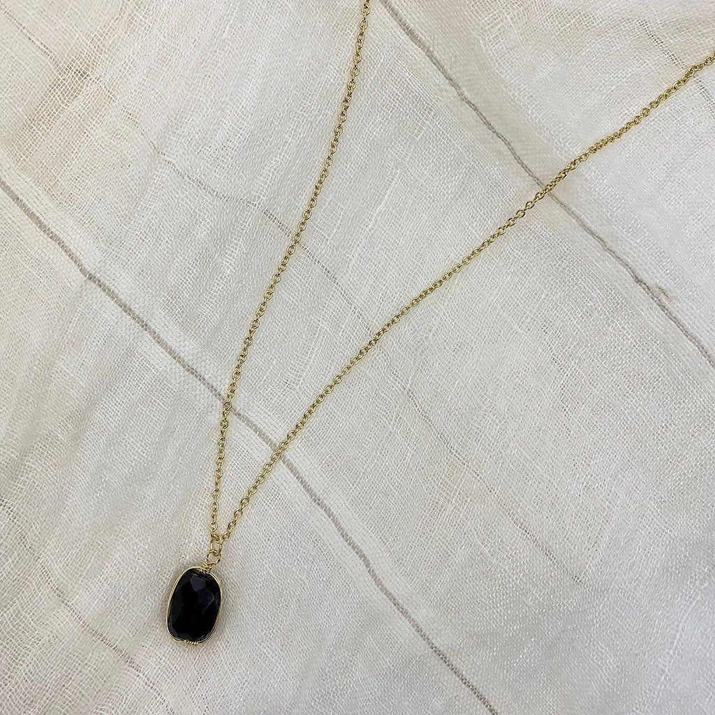 Black Quartz Pendant Necklace - Polished Crystal Brass Wire Minimal Layering