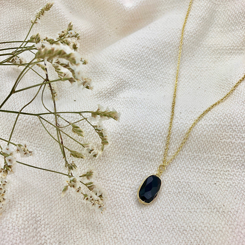 Black Quartz Pendant Necklace - Polished Crystal Brass Wire Minimal Layering