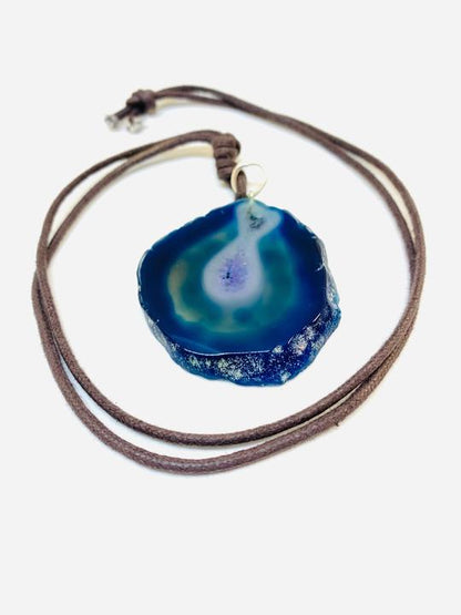 Blue Agate Slab Pendant Necklace Adjustable Leather Cord