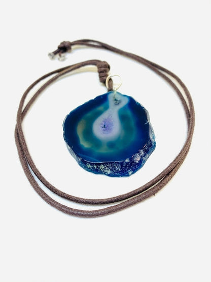 Blue Agate Slab Pendant Necklace Adjustable Leather Cord