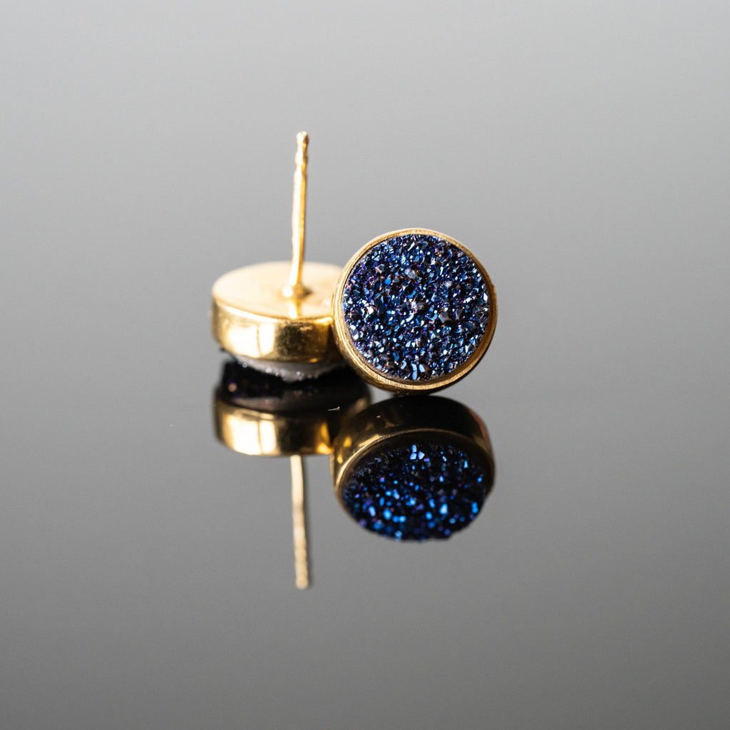 Blue Druzy 10mm Round Stud Earrings Gold Plated Minimalist