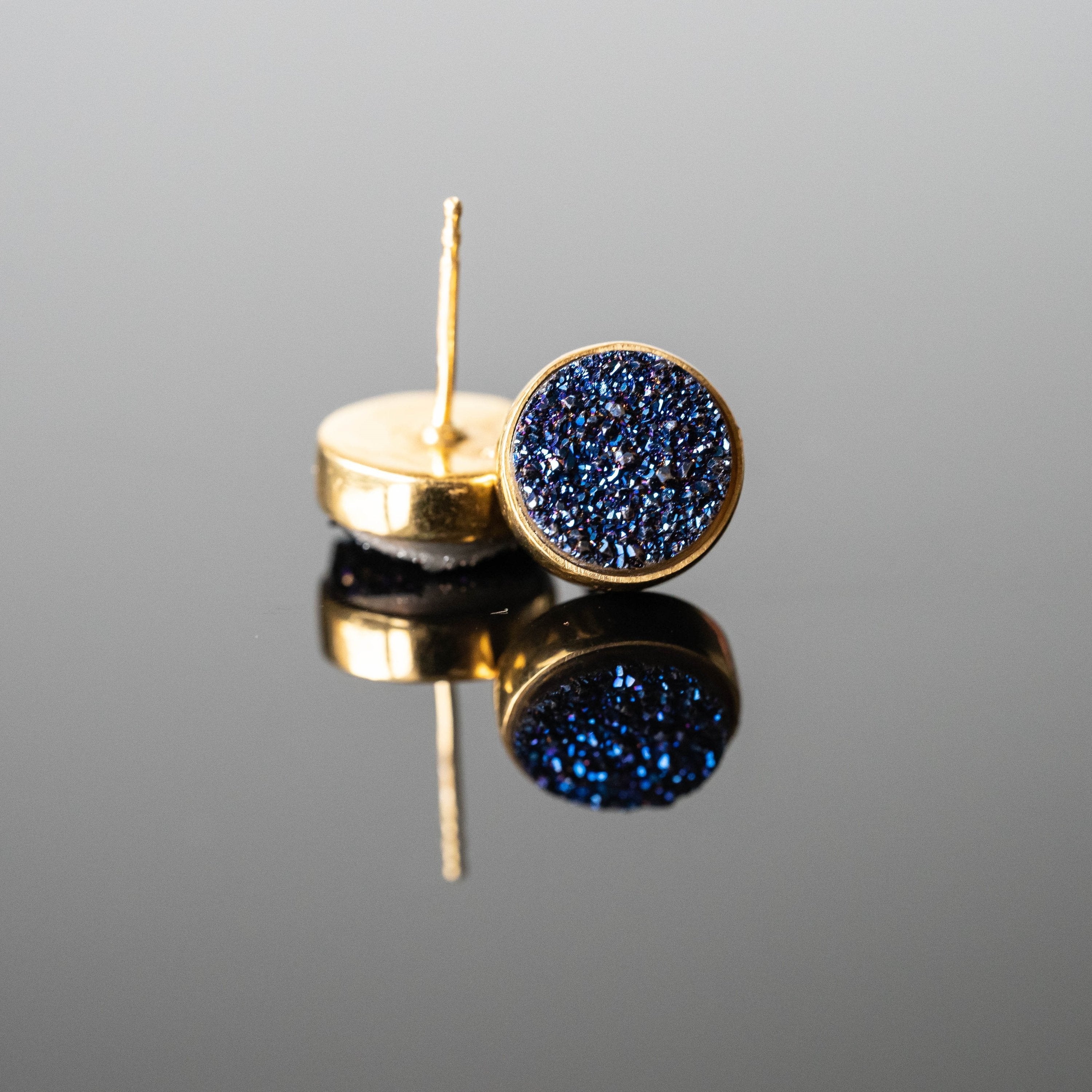 Blue Druzy 10mm Round Stud Earrings Gold Plated Minimalist