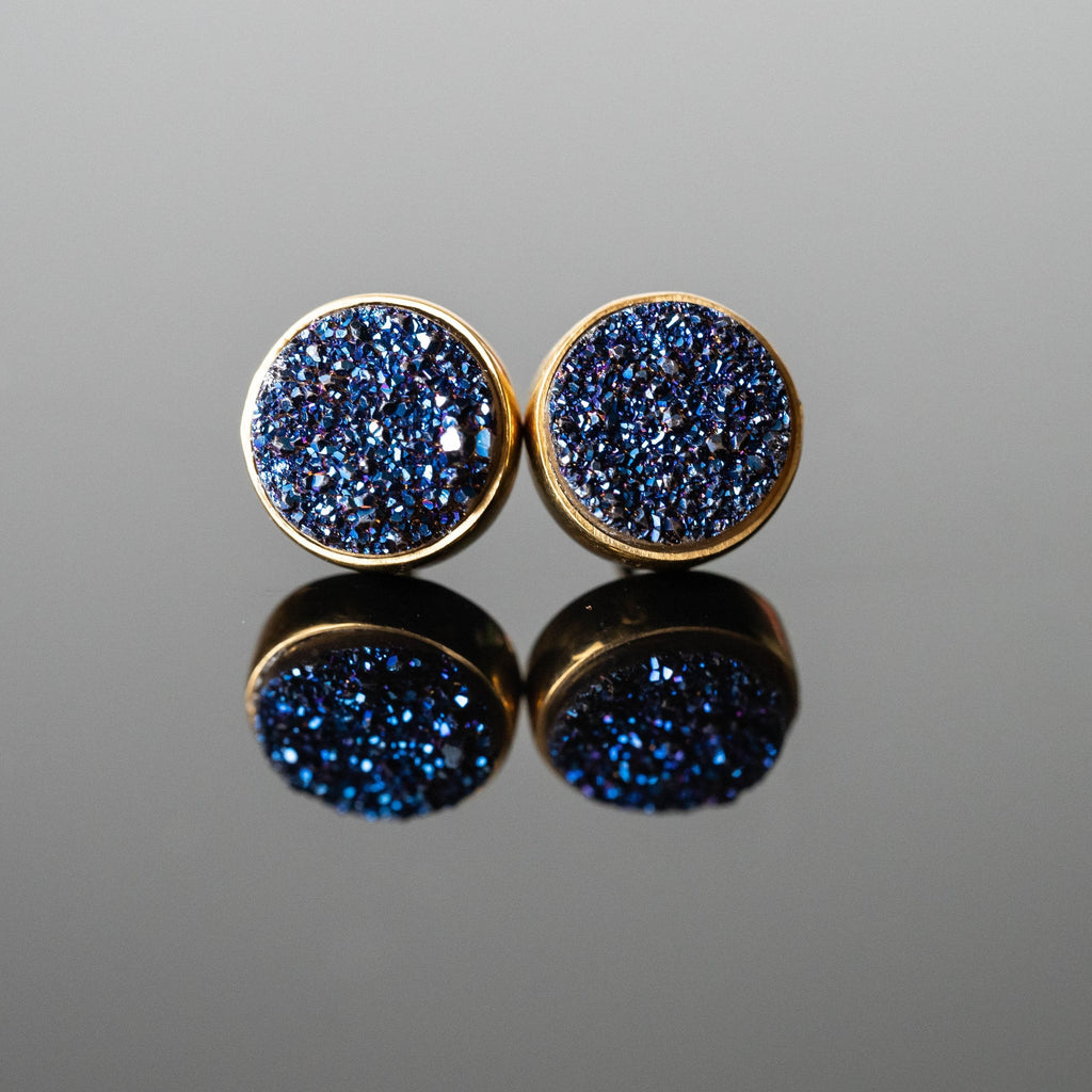 Blue Druzy 10mm Round Stud Earrings Gold Plated Minimalist