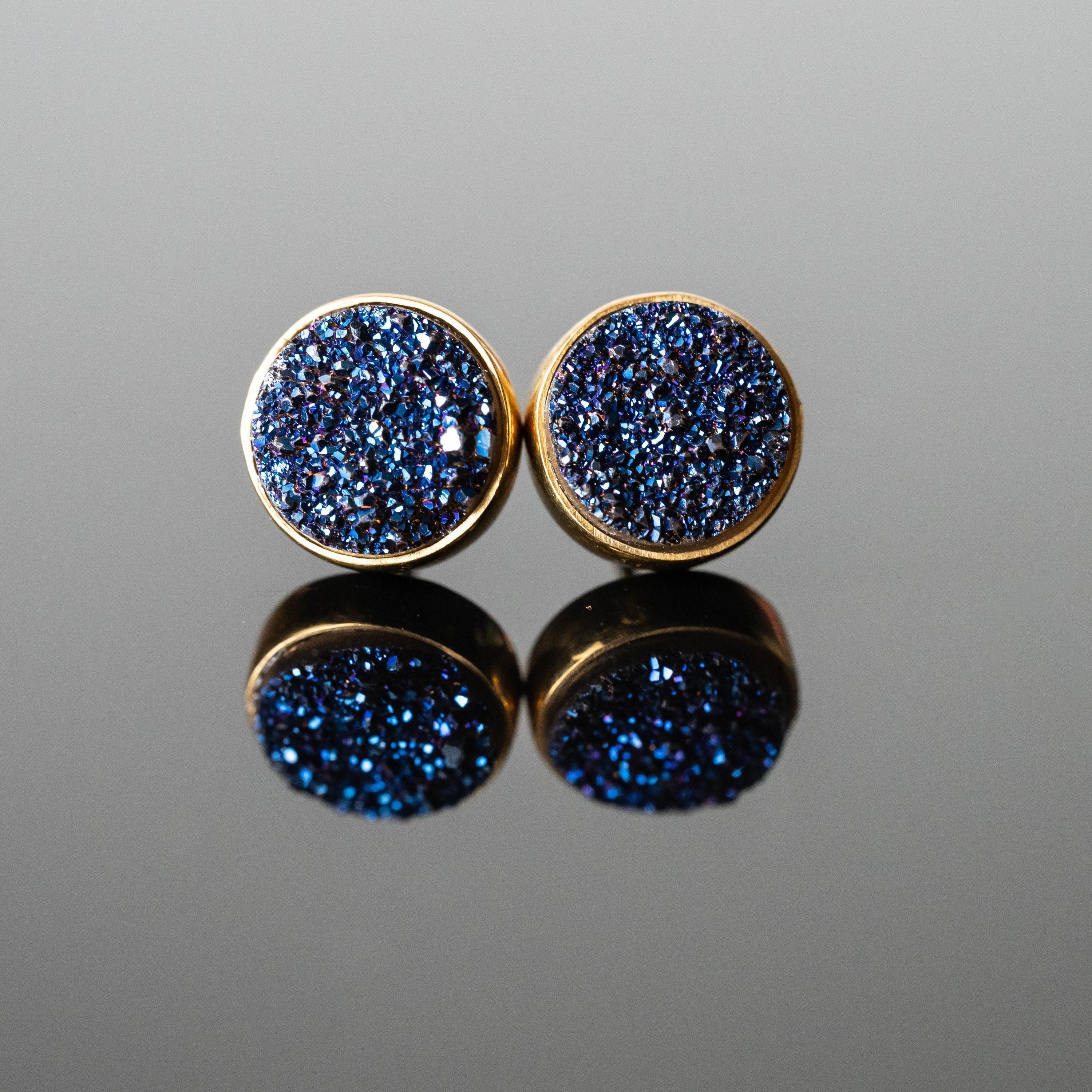 Blue Druzy 10mm Round Stud Earrings Gold Plated Minimalist