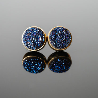 Blue Druzy 10mm Round Stud Earrings Gold Plated Minimalist