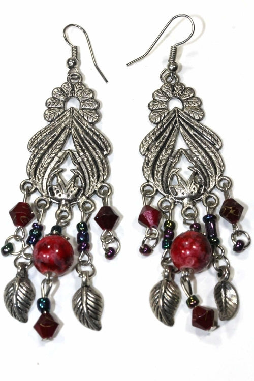 Bohemian Marbled Bead Dangle Earrings With Leaf Charms