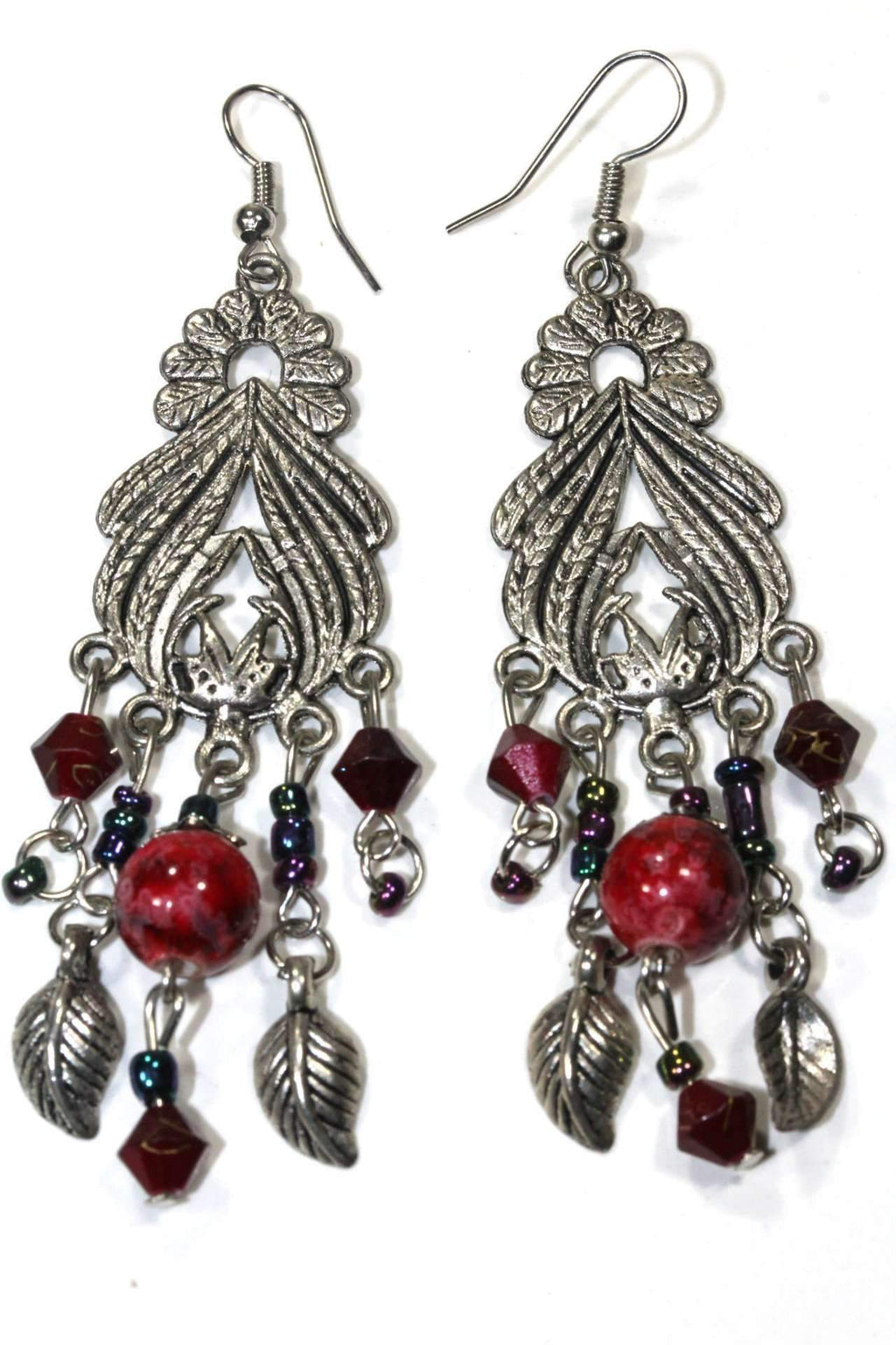 Bohemian Marbled Bead Dangle Earrings With Leaf Charms