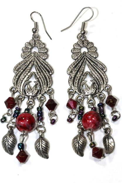 Bohemian Marbled Bead Dangle Earrings With Leaf Charms