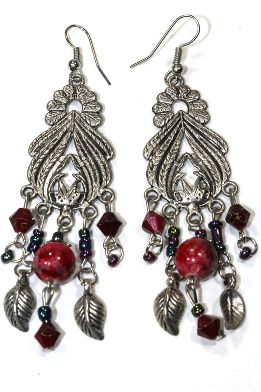 Bohemian Marbled Bead Dangle Earrings With Leaf Charms