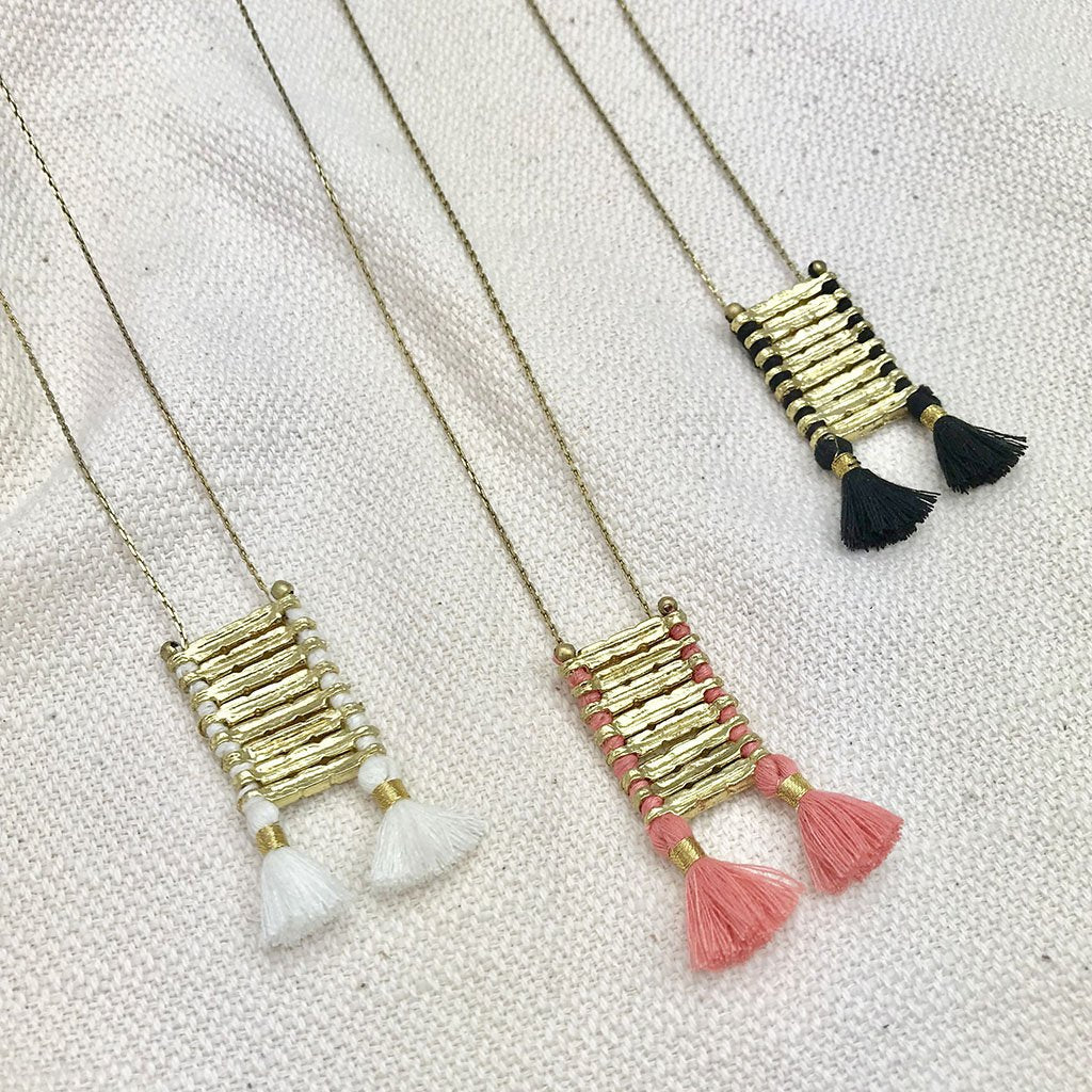 Temple Necklace Boho Indian Oxidized Zinc Alloy Cotton Tassel 17in Handmade