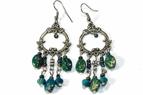 Boho Chandelier Earrings Teal Beads Dangle Silver Handmade
