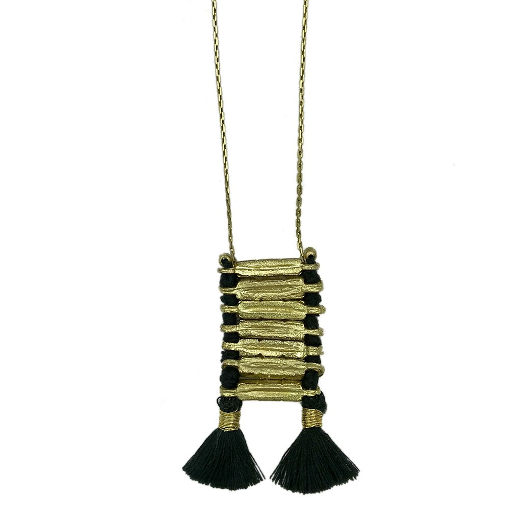 Temple Necklace Boho Indian Oxidized Zinc Alloy Cotton Tassel 17in Handmade