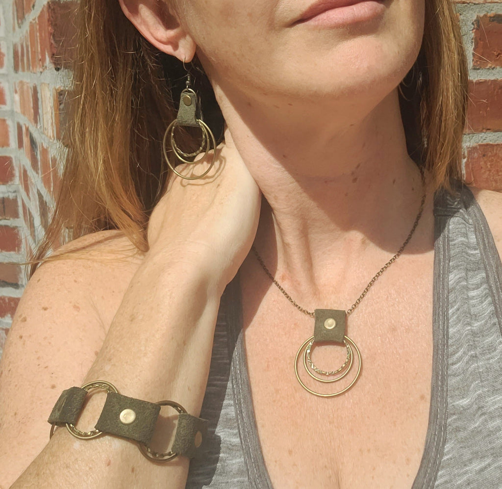 Boho Leather Necklace With Layered Metal Ring Pendant