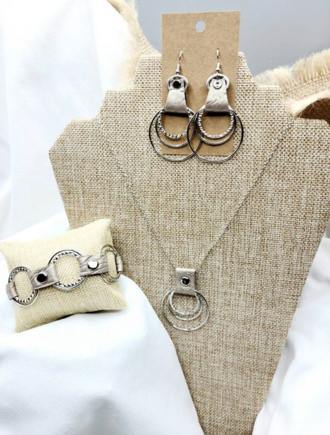 Boho Leather Necklace With Layered Metal Ring Pendant