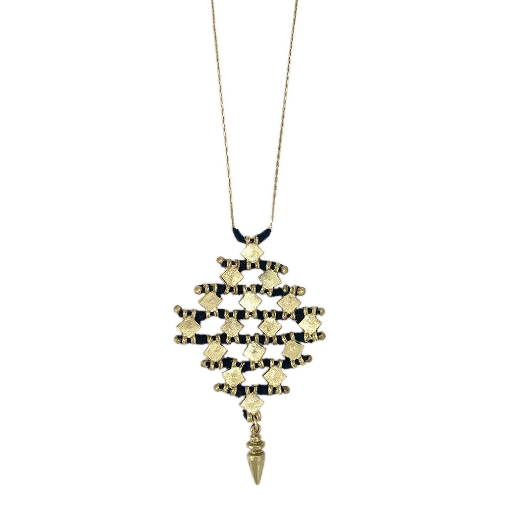 Boho Tribal Long Necklace Zinc Alloy Metal Cotton Thread Diamond Pendant