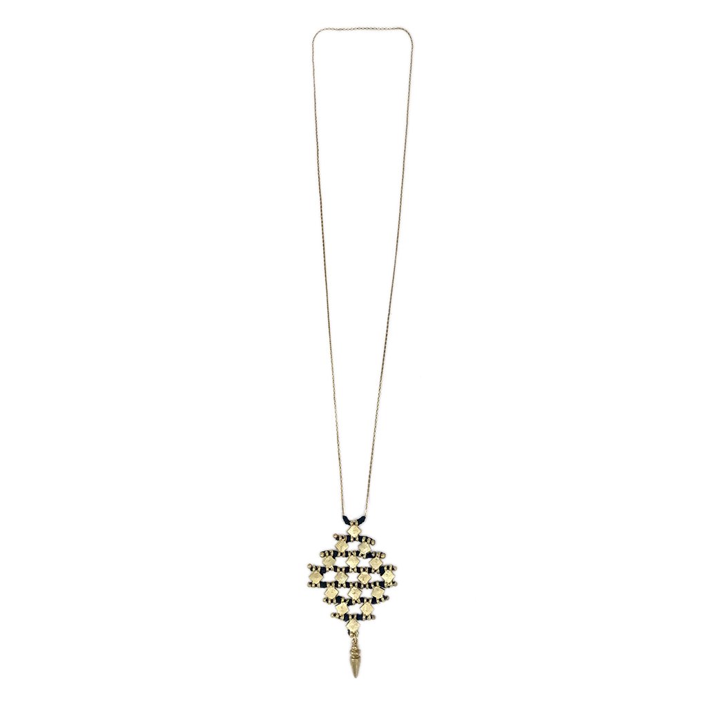 Boho Tribal Long Necklace Zinc Alloy Metal Cotton Thread Diamond Pendant