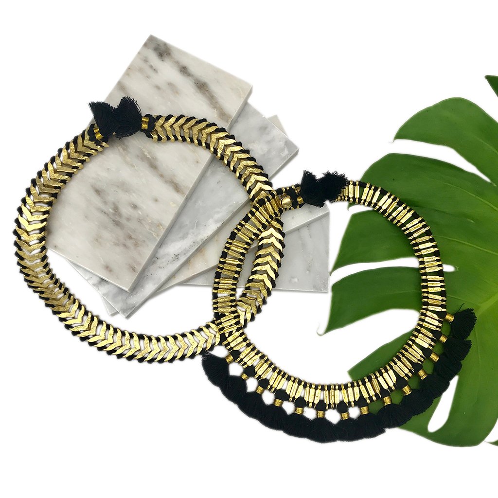 Temple Collar Bib Necklace Boho Tribal Statement With Cotton Tassels Zinc Alloy