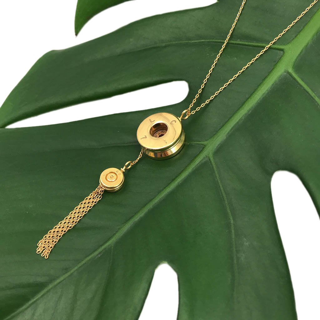 Bullet Tassel Necklace Recycled Brass Shell Casing Gold Plated 14 Inch Chain