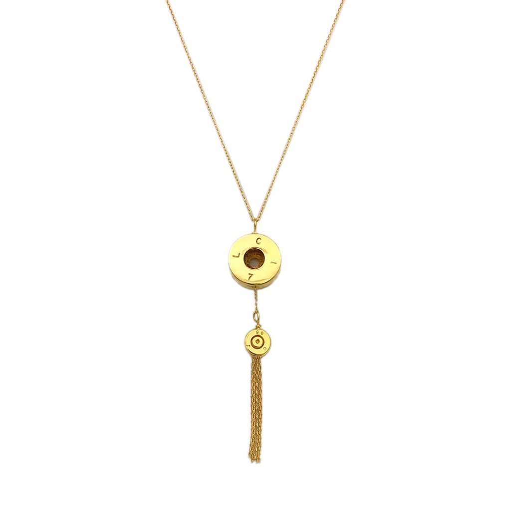 Bullet Tassel Necklace Recycled Brass Shell Casing Gold Plated 14 Inch Chain