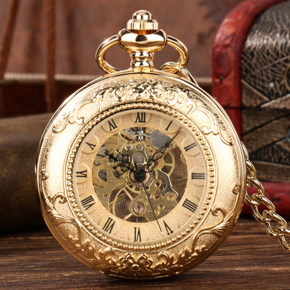 Retro Gold Hollow Out Roman Manual Mechanical Large Pocket Watch Chain Watch