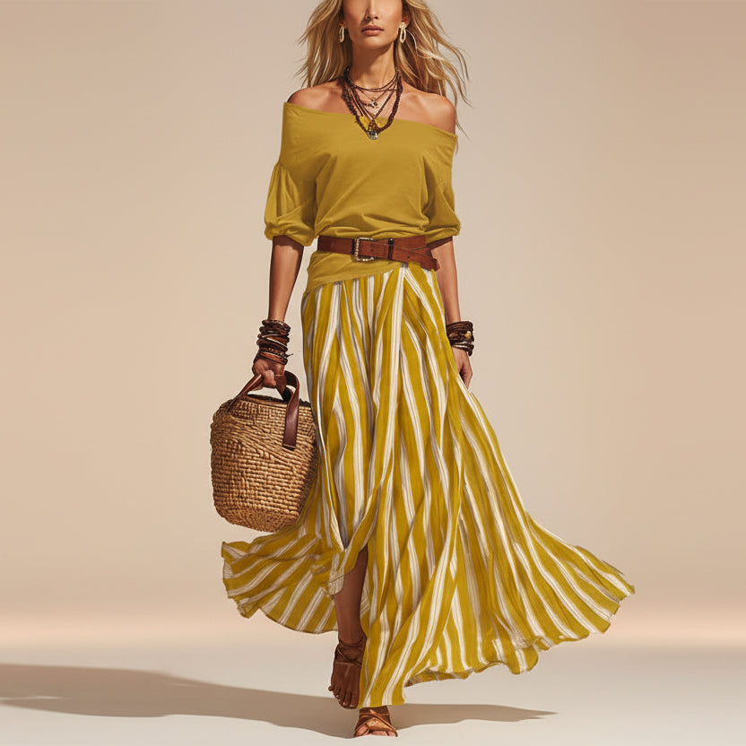 Women's One-Shoulder Bubble Sleeve Top & Stripe Skirt 2-Piece Set