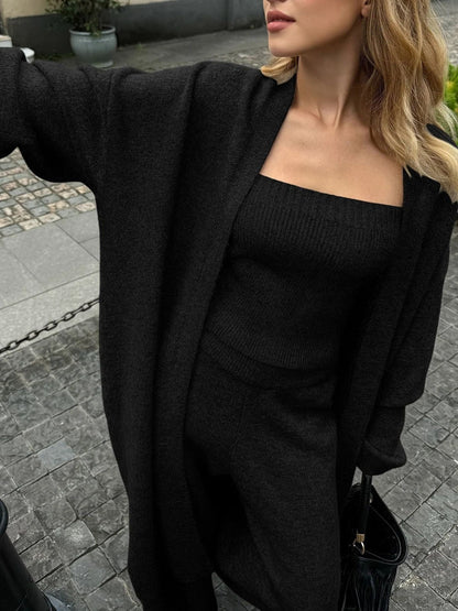 Women's 3-Piece Knit Set – Longline Cardigan, Square-Neck Ribbed Tube Top & Wide-Leg Trouser – 4 Colors, S–2XL