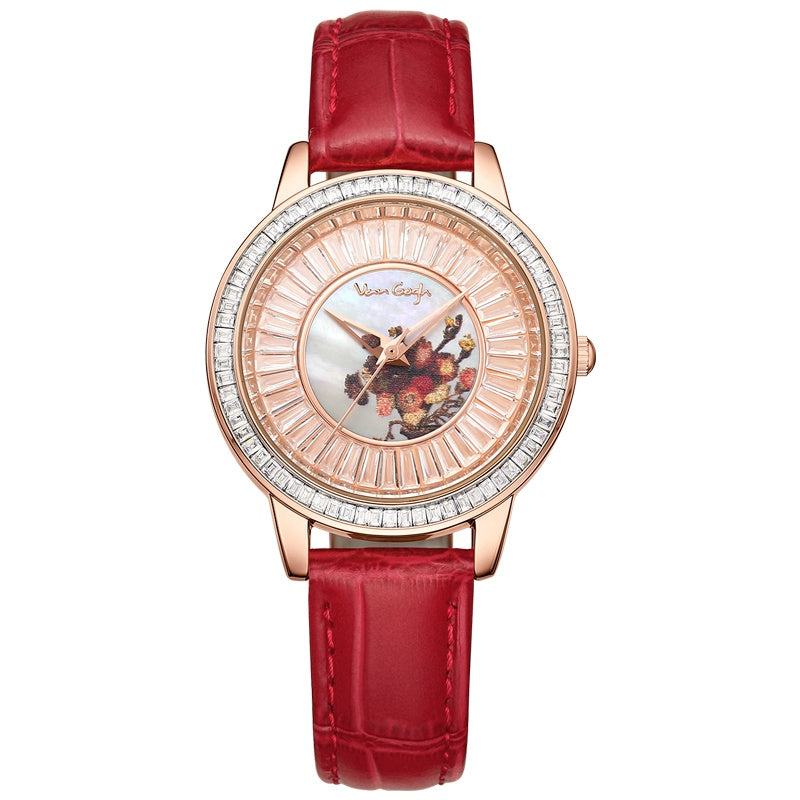 Van Gogh Women's Quartz Watch 3D Printed Oil Painting Dial Full Zirconium Leather Strap Series