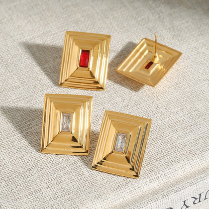 18k gold rectangular inlaid gemstone with concave pattern design exquisite and noble earrings