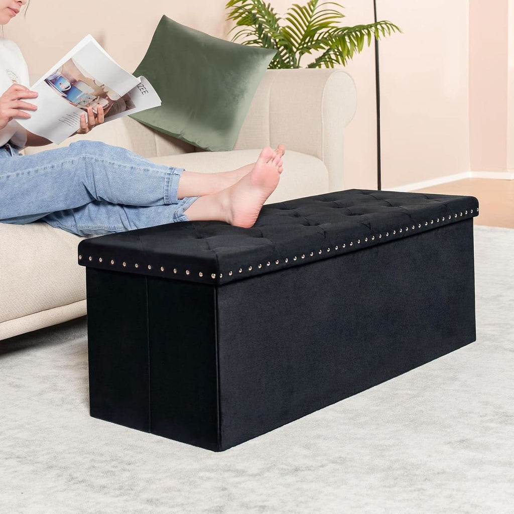Black Premium Velvet Storage Ottoman Bench Bedroom