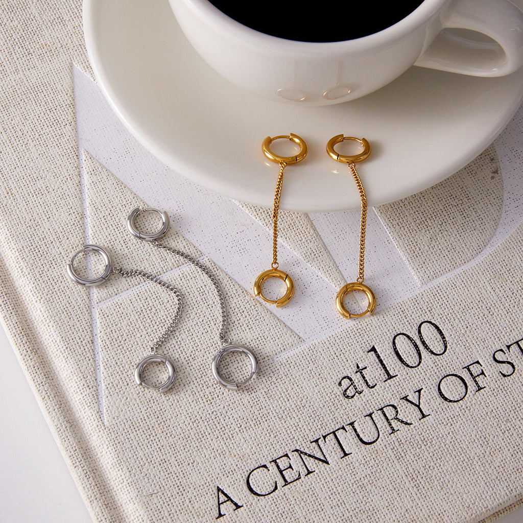 Stainless Steel Double Hoop Tassel Earrings