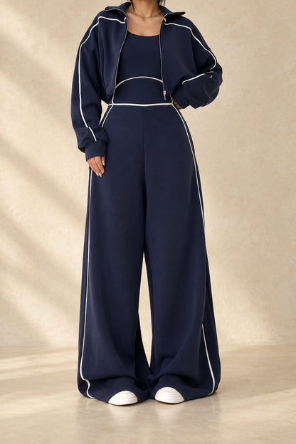 Women's Contrast-Piped Wide-Leg Jumpsuit & Cropped Zip Jacket Set