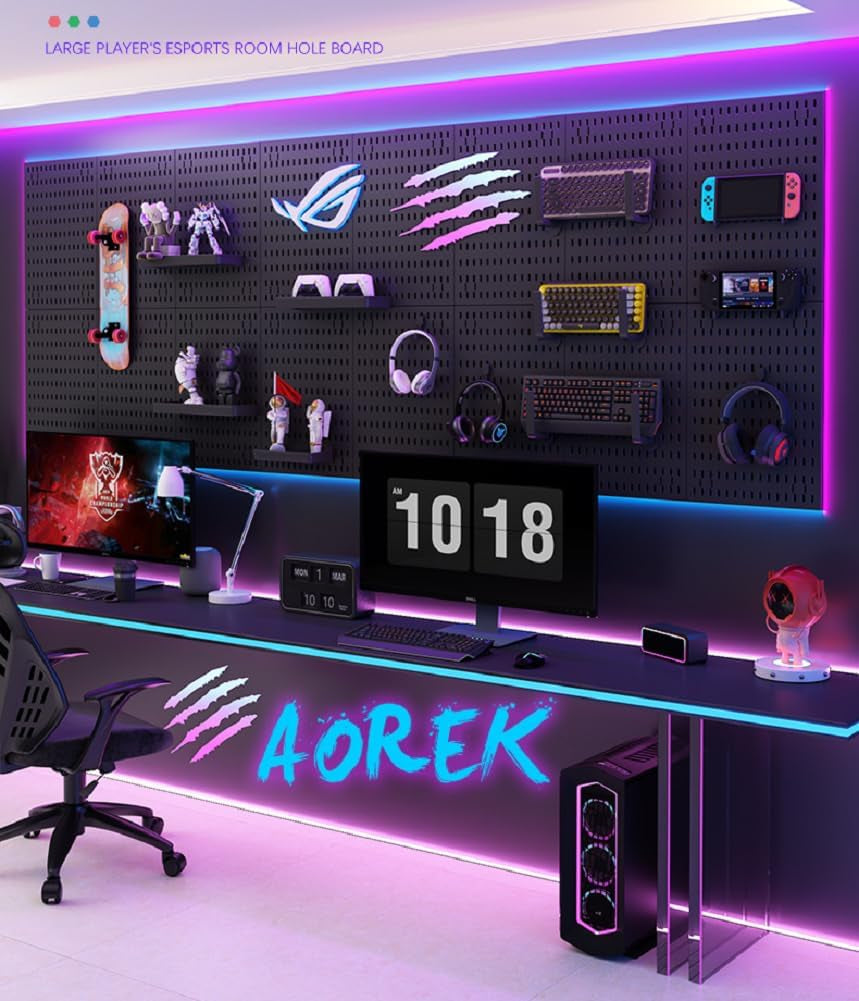 RGB Gaming Pegboard Wall Organizer with Metal Panels and Hooks, 12x24 Setup
