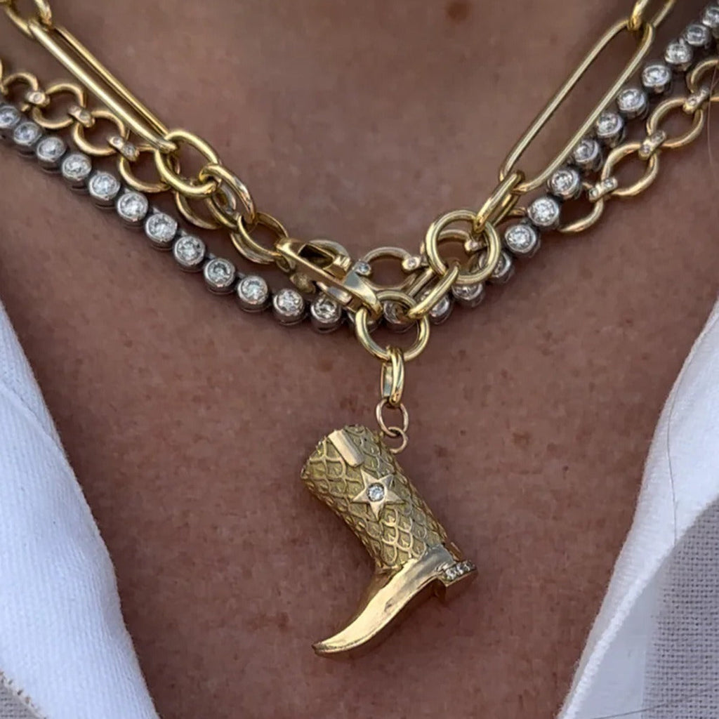 18K gold boots inlaid with gemstones and textured design trendy and unique necklace