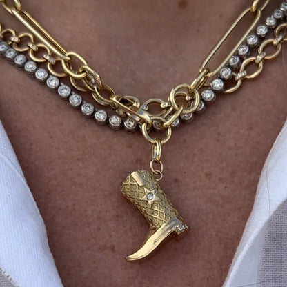18K gold boots inlaid with gemstones and textured design trendy and unique necklace