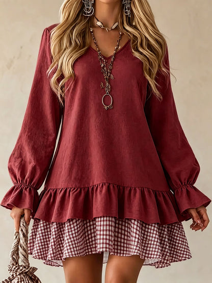 Women's V-Neck Ruffle Sleeve Plaid Patchwork Mini Dress