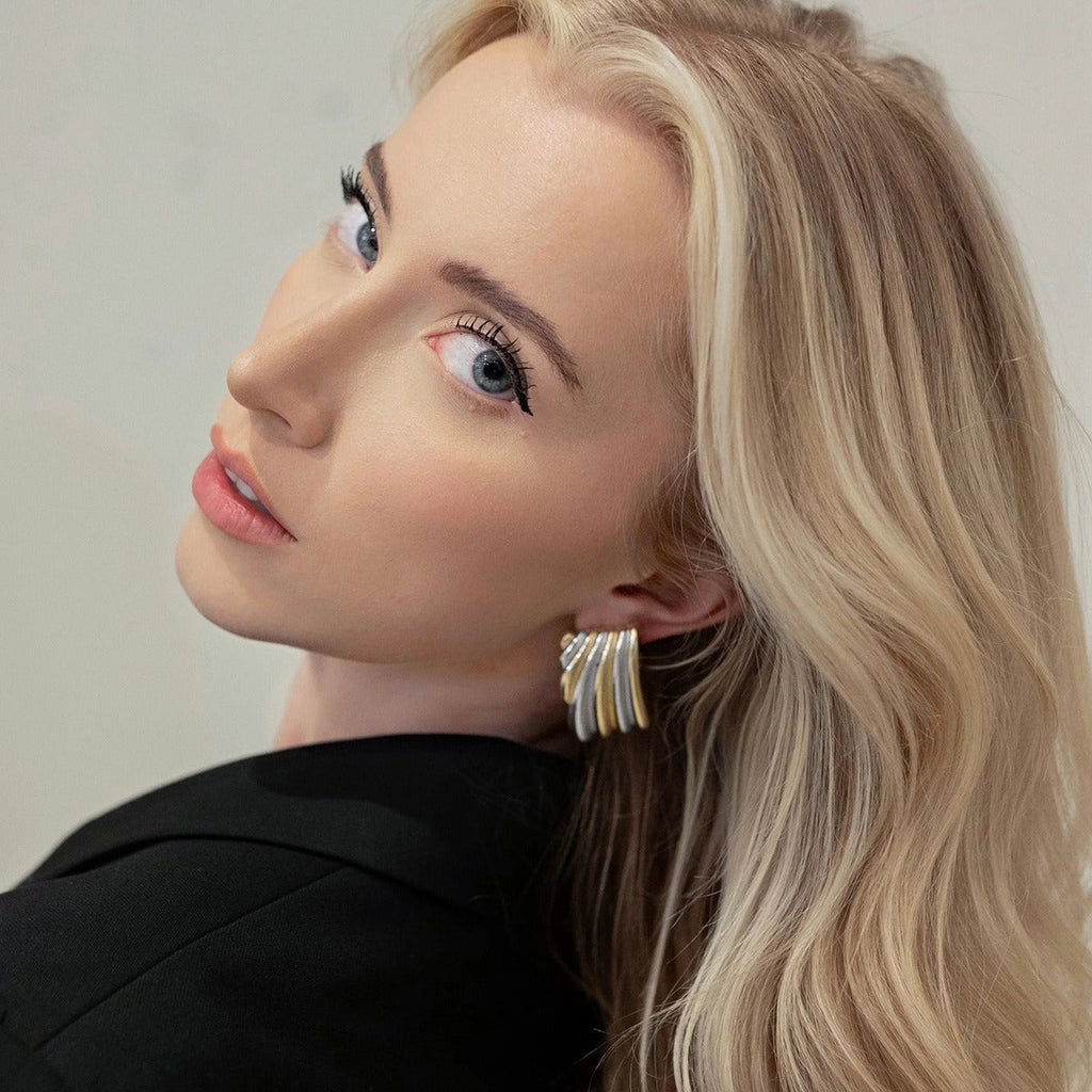 18K gold geometric shape with gold and silver color matching design classic personality earrings