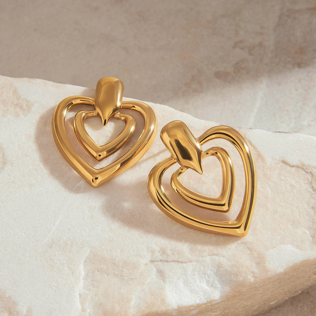 18K gold double-layer heart with hollow design simple and elegant earrings