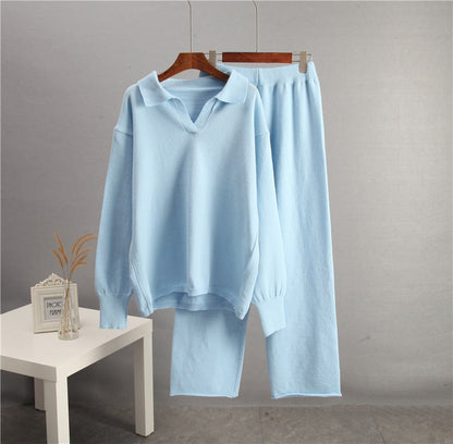 Solid Color Lapel Sweater Set for Women