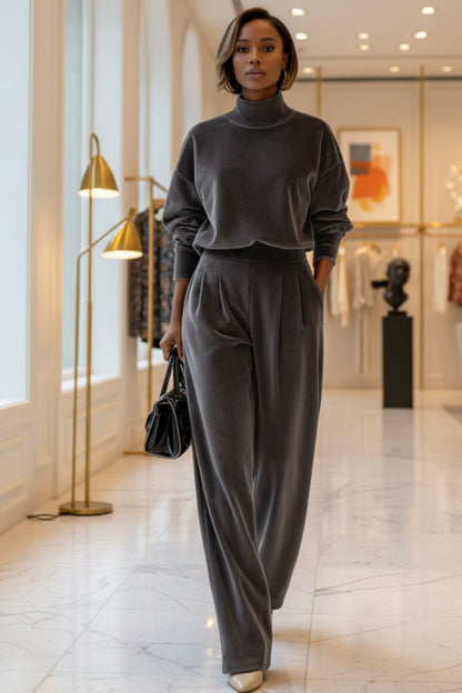 Women's Mock Turtleneck Balloon Sleeve Top & Pleated Wide-Leg Trousers Set
