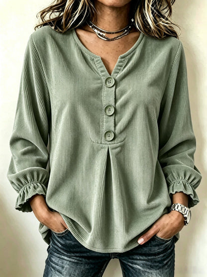 Women's Corduroy Long-Sleeve Blouse – Patchwork Minimalist Top