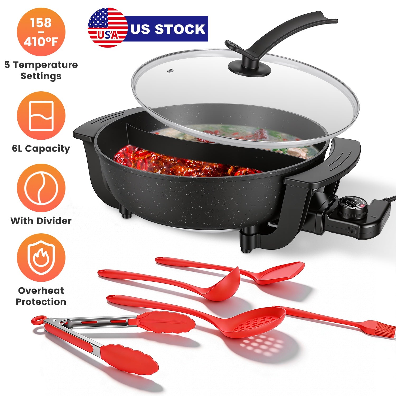 6L Electric Hot Pot with Divider 1100W Dual-Flavor Pot Shabu Shabu Pot Non-Stick with 5-Temp Control for Shabu Shabu Fondue Perfect for Family Gatheri