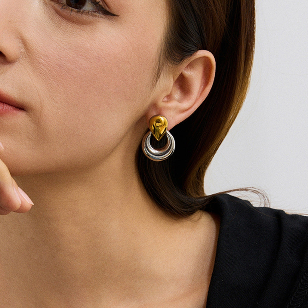 18K gold U-shaped and teardrop-shaped earrings with gold and silver color matching design, trendy and unique