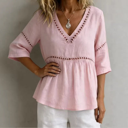 Women's V-Neck Hollow-Out Fringe Cotton-Linen Top