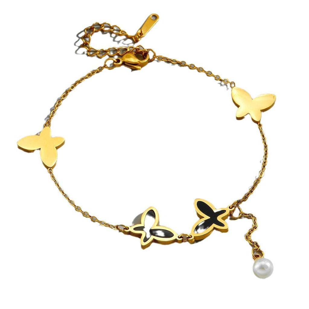 Pearl chain tassel butterfly beach style metal titanium steel anklet