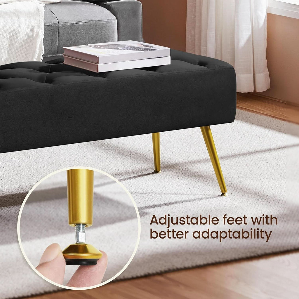 Black Velvet Upholstered Ottoman Bench Golden Legs