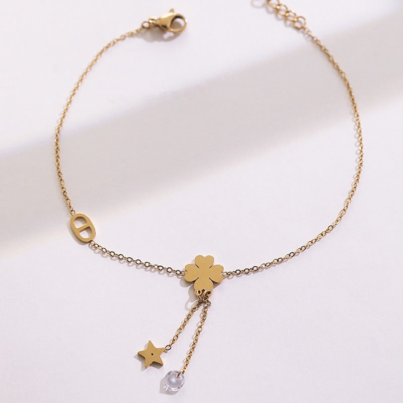 18k gold tassel star four-leaf clover anklet
