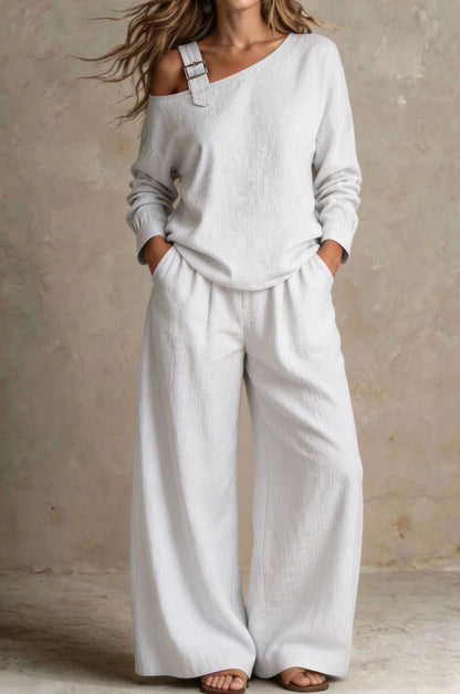 Women's One-Shoulder Buckle-Strap Long-Sleeve Linen Blend Top & Wide-Leg Palazzo Trouser Set