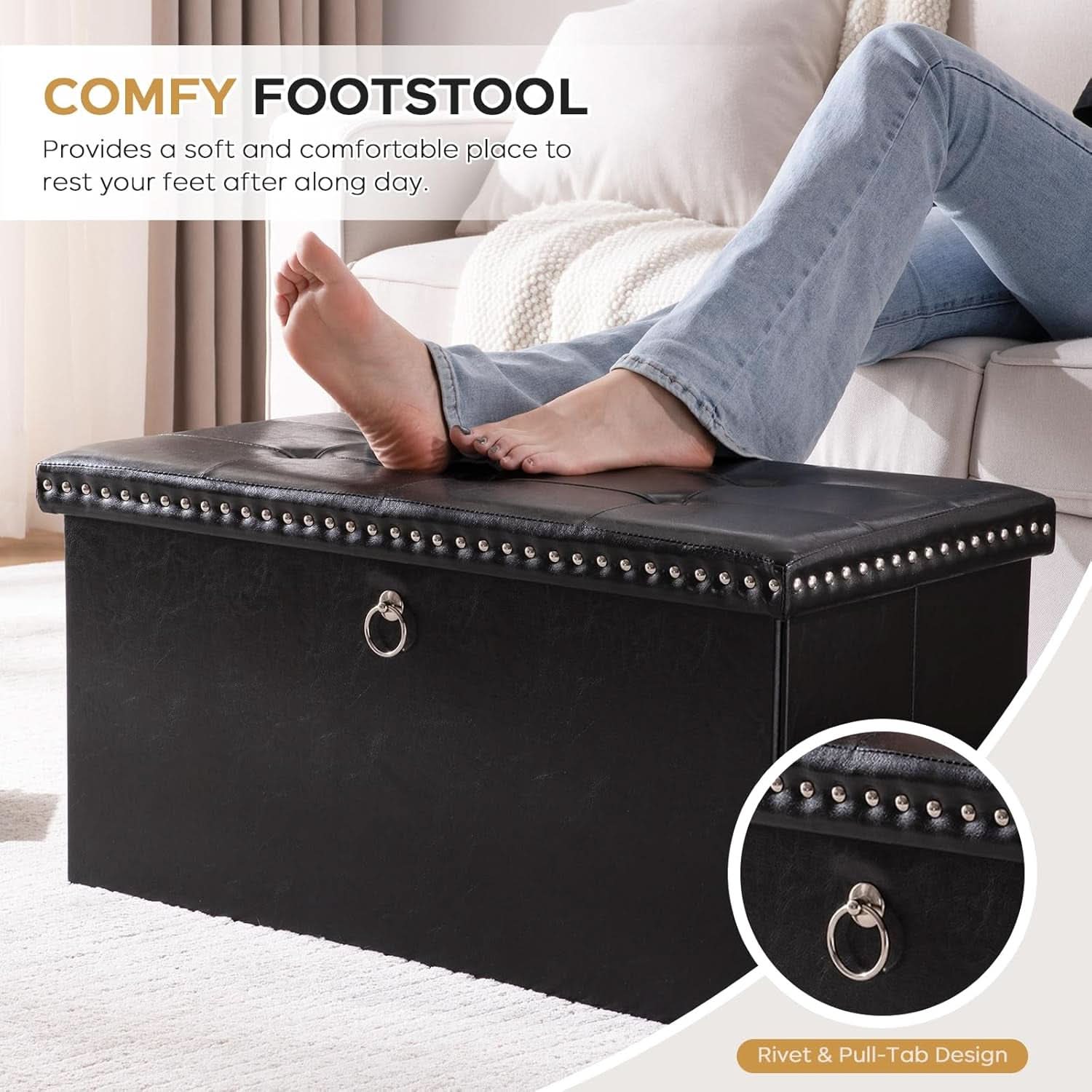 Faux Leather Folding Storage Ottoman 30 Inch Size Black