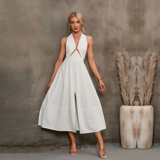 Women's Sleeveless Halter Neck Maxi Dress – A-Line High Waist