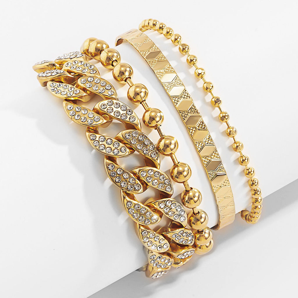 Diamond-studded Cuban buckle bracelet Hip-hop personalized round bead chain pattern bracelet set